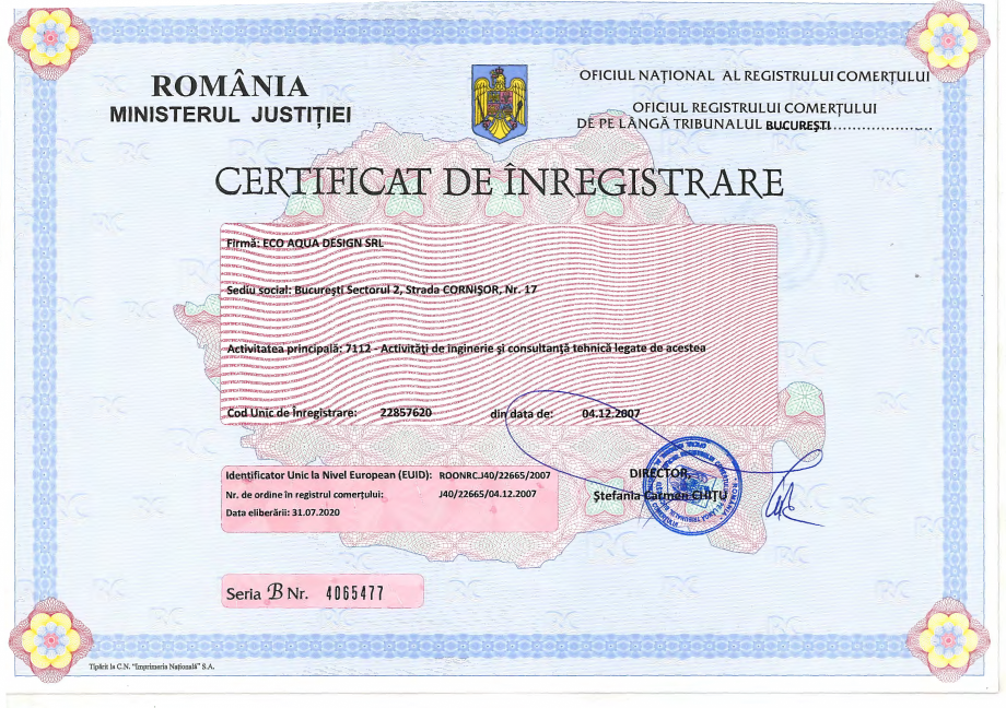 Pagina 1-Certificat de inregistrare ORC pentru ECO AQUA DESIGN din 31.07.2020  Certificare produs Romana 