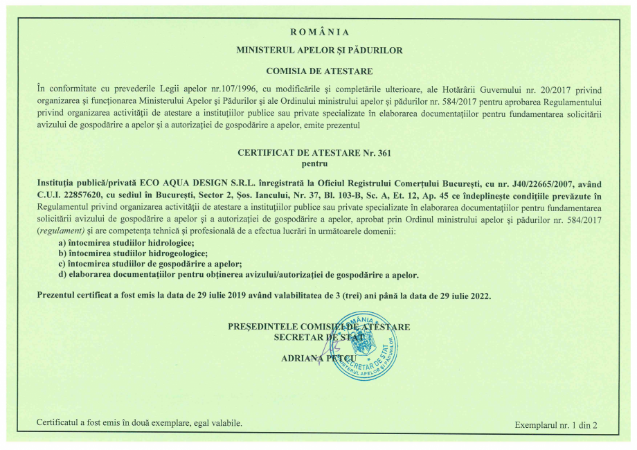 Pagina 1-Atestat GA EAD Nr 361 din 29 iulie 2019 valabil pana 2022 - pentru ECO AQUA DESIGN  Certificare...