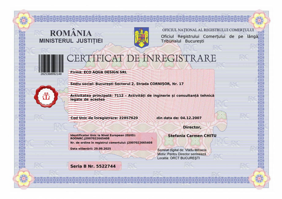 Pagina 1 - Certificat de inmatriculare ONRC ECO AQUA DESIGN din 29.09.2025  Certificare produs...
