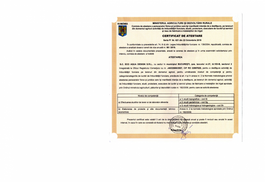 Pagina 1 - ATESTAT IF Nou Ff nr 621 din 22.10.2019 ECO AQUA DESIGN octombrie 2025-2026  Certificare ...