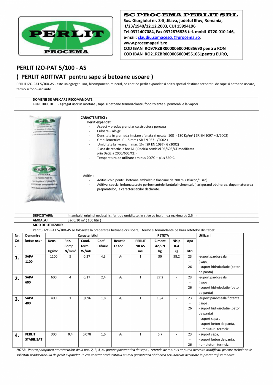 Pagina 1-Perlit expandat pentru sape si betoane usoare PROCEMA PERLIT IZO-PAT 5/100 AS Fisa tehnica SC...