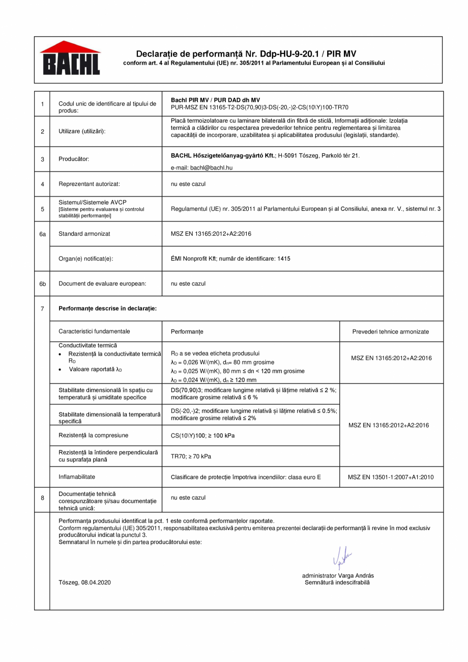 Pagina 1-Declaratie de performanta - Placi termoizolante rigide din poliuretan BACHL PIR MV Certificare...