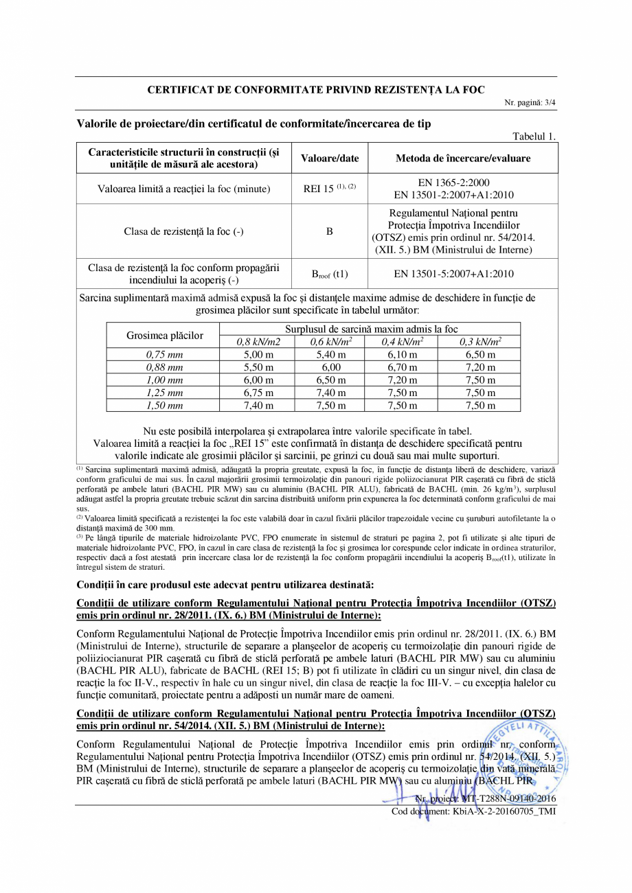 Pagina 3-Certificat de conformitate privind rezistenta la foc BACHL PIR MV Certificare produs Romana ii și...