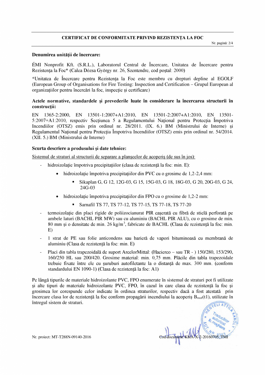 Pagina 2-Certificat de conformitate privind rezistenta la foc BACHL PIR MV, PIR ALU Certificare produs Romana...
