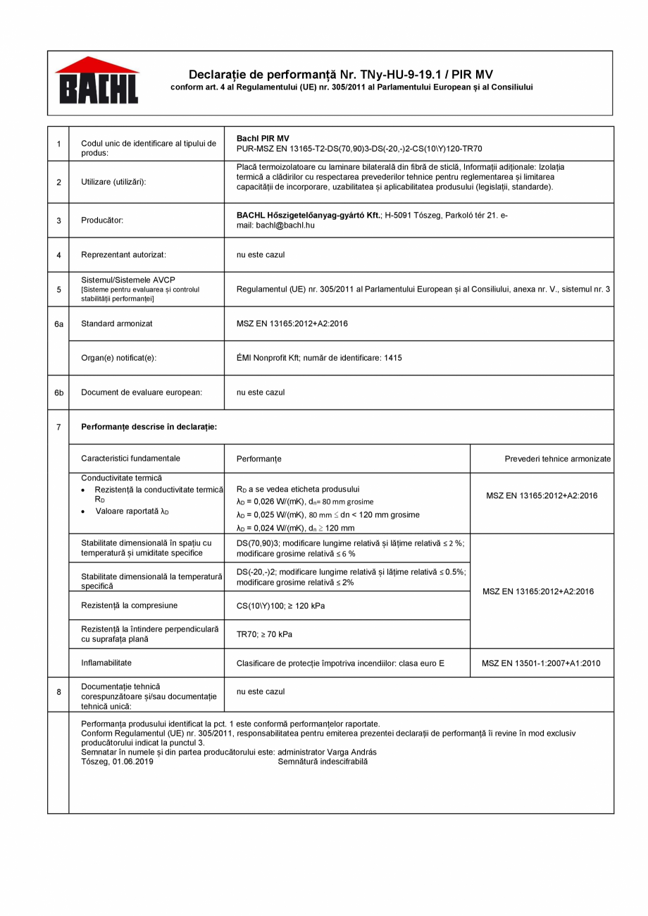 Pagina 1 - Declaratie de performanta placi termoizolante rigide poliuretan BACHL PIR MV Certificare ...