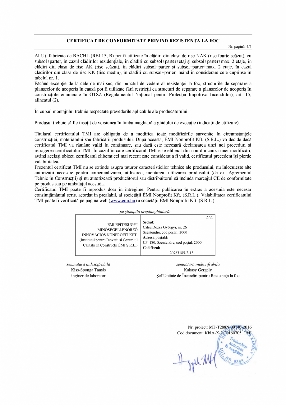 Pagina 4-Certificat de conformitate privind rezistenta la foc BACHL PIR ALU Certificare produs Romana...