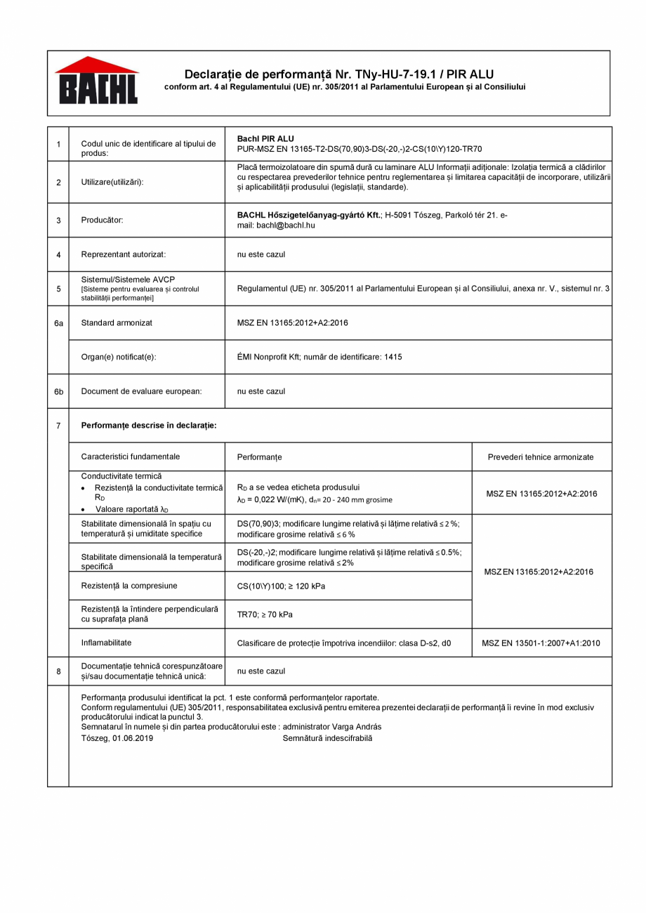 Pagina 1-Declaratie de performanta placi termoizolante rigide din poliuretan BACHL PIR ALU Certificare produs...