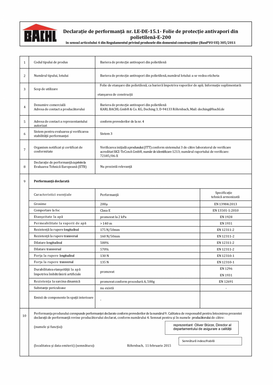 Pagina 1 - Bariera de protectie antivapori din polietilena BACHL E-200 Certificare produs Romana...