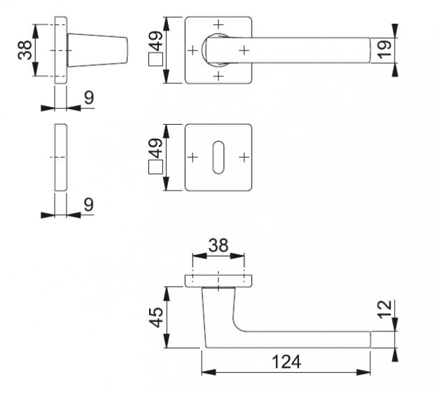 Schiță dimensiuni Set de manere cu rozete Dallas E/M1643