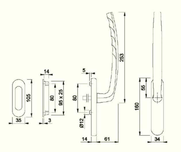 Schiță dimensiuni Manere pentru usa glisanta cu ridicare din aluminiu Atlanta HS-0530