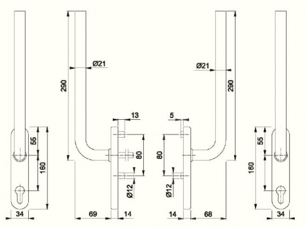 Schiță dimensiuni Manere pentru usa glisanta cu ridicare din otel inox Bonn HS-E050