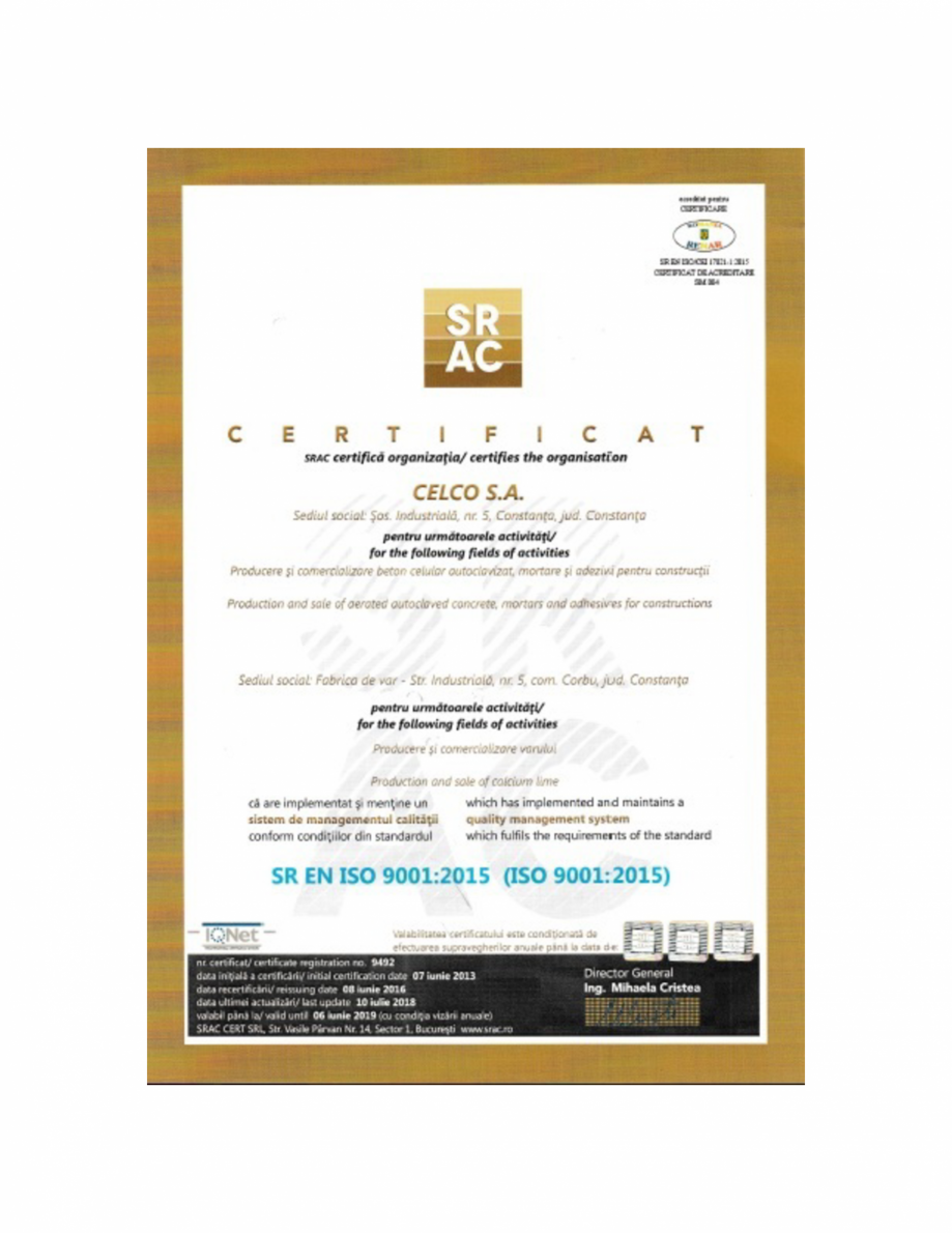 Pagina 1 - Certificat ISO 9001:2015 CELCO MEGATERM, STANDARD, STRUCTOTERM, SUPERBLOCK, MEGATERM PLUS...