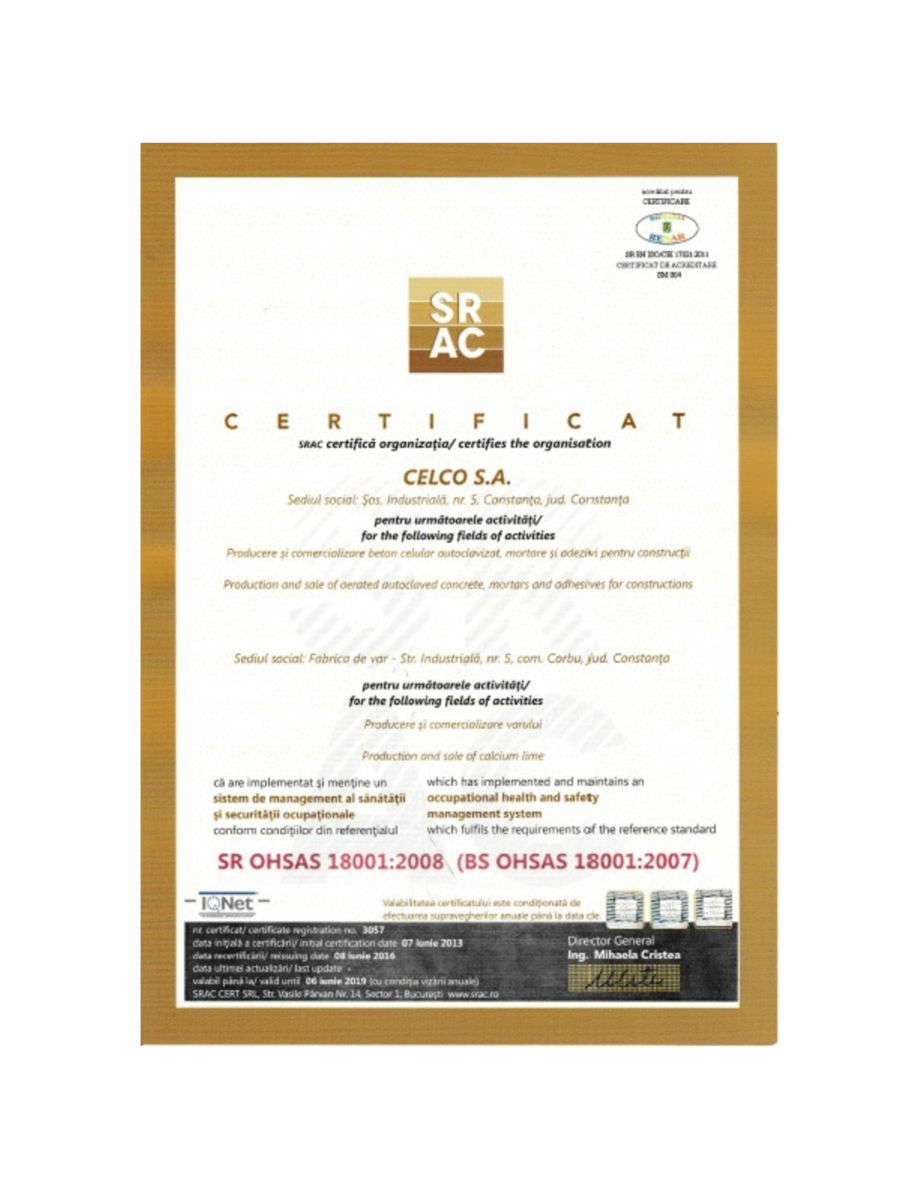 Pagina 1 - Certificat OHSAS 18001:2007 CELCO MEGATERM, STANDARD, MEGATERM PLUS, STRUCTOTERM,...