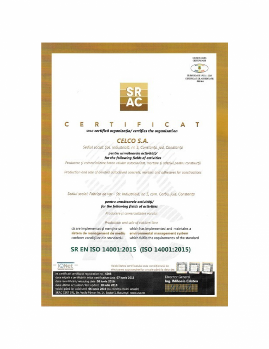 Pagina 1 - Certificat ISO 14001:2015 CELCO MEGATERM, MEGATERM PLUS, STANDARD, STRUCTOTERM,...