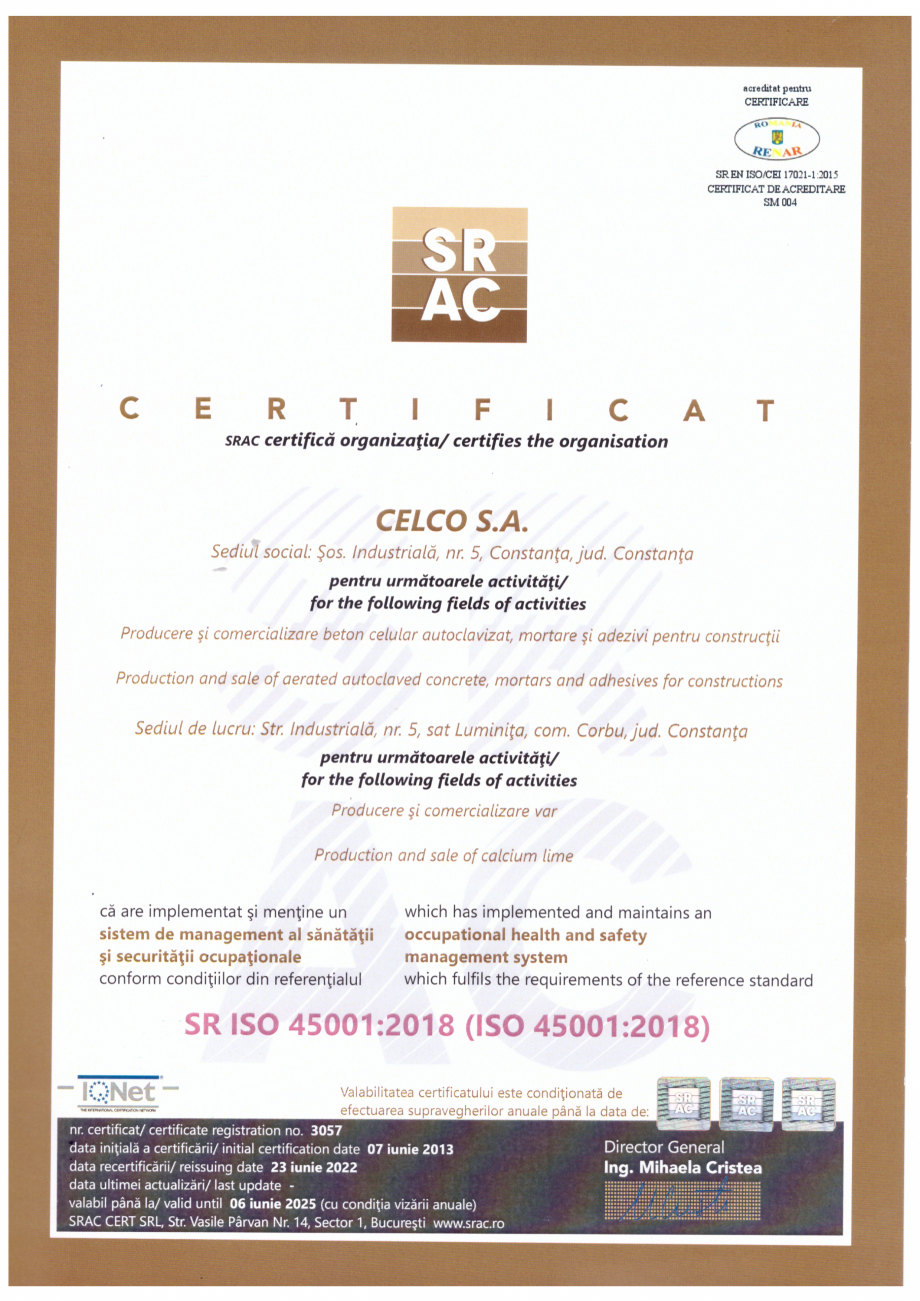 Pagina 1 - Certificat ISO 45001:2018 CELCO Certificare produs Engleza, Romana 