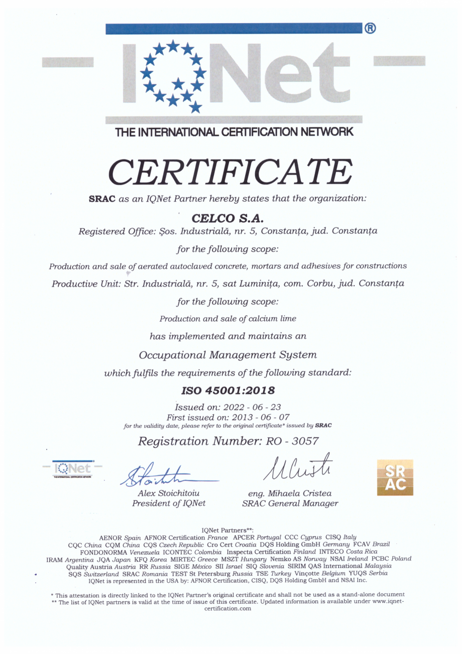 Pagina 2-Certificat ISO 45001:2018 CELCO Certificare produs Engleza, Romana 