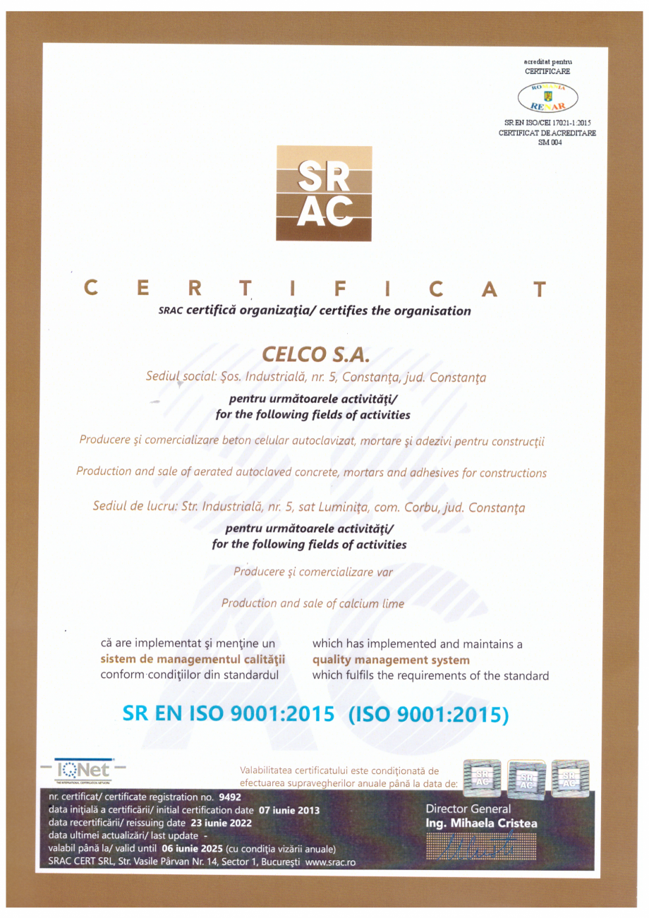 Pagina 1-Certificat ISO 9001:2015 CELCO Certificare produs Engleza, Romana 