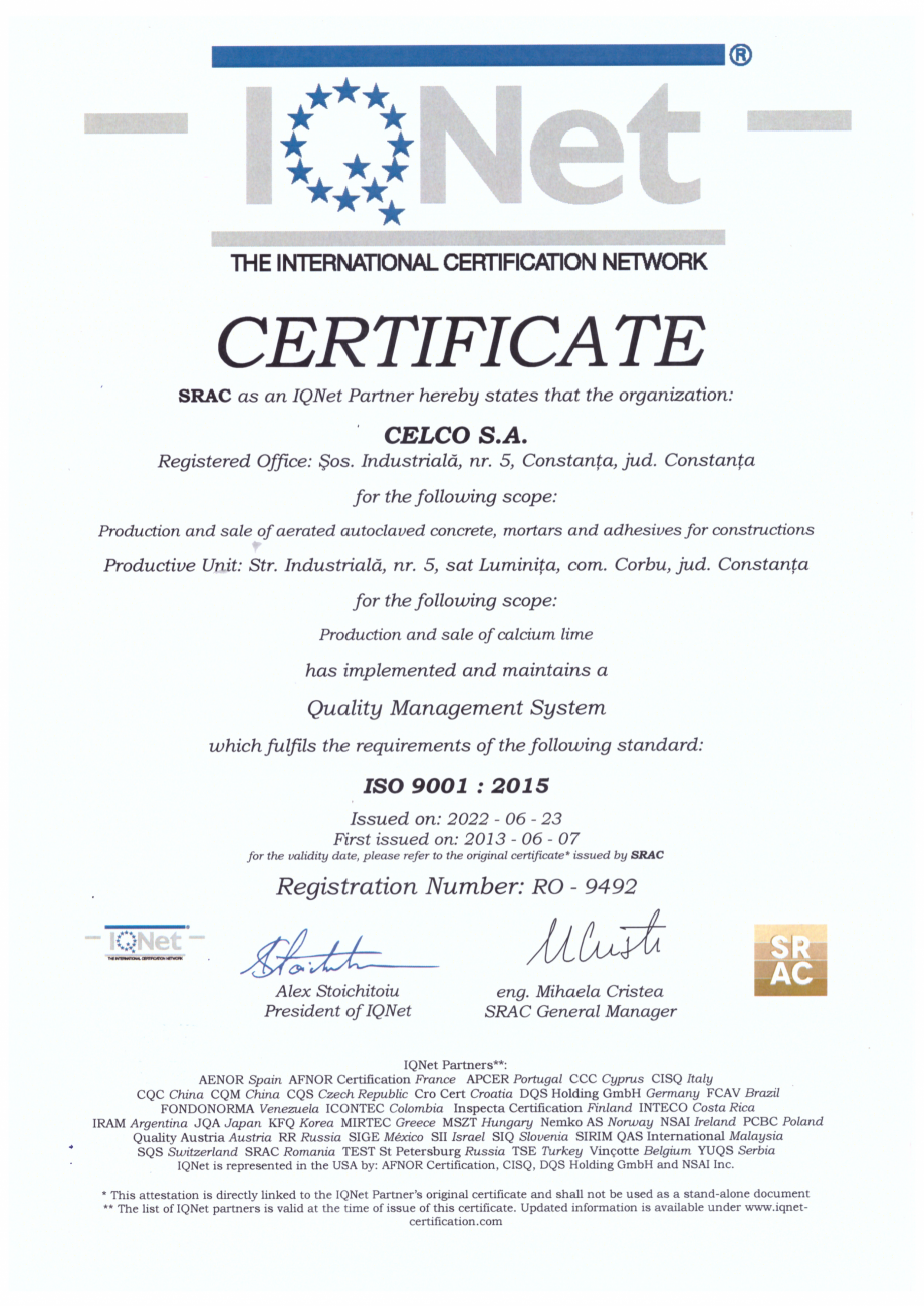 Pagina 2-Certificat ISO 9001:2015 CELCO Certificare produs Engleza, Romana 