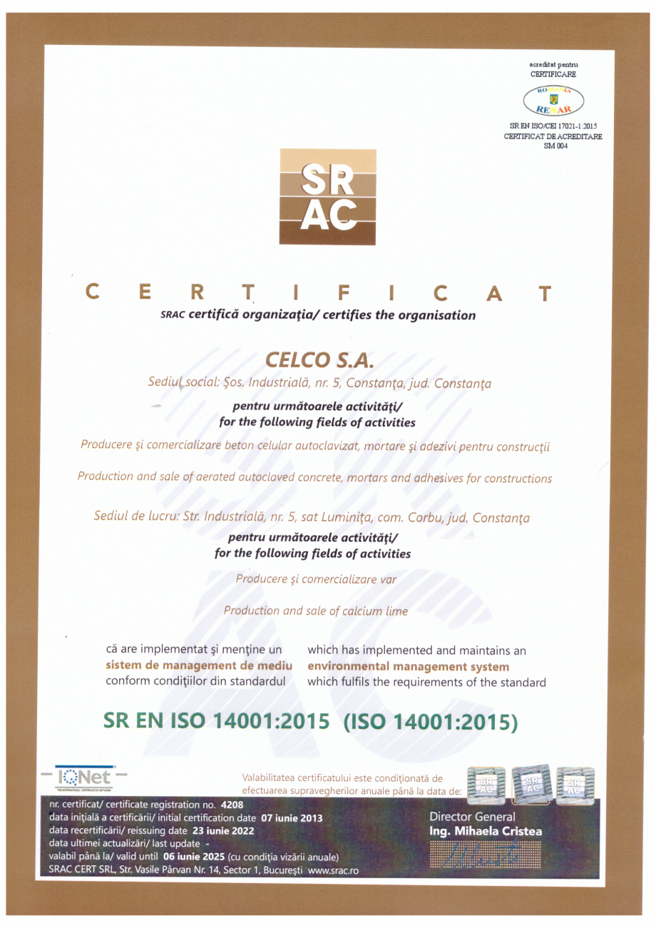 Pagina 1-Certificat ISO 14001:2015 CELCO Certificare produs Romana, Engleza 