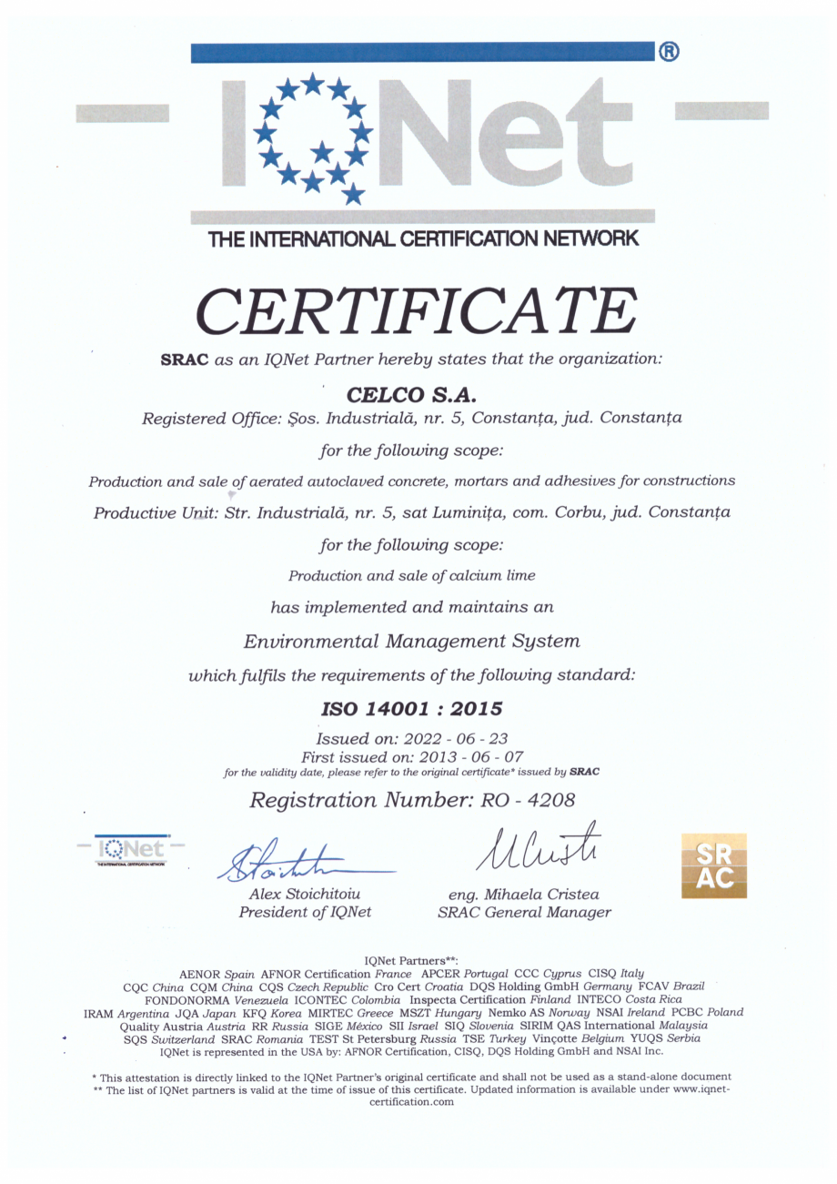 Pagina 2-Certificat ISO 14001:2015 CELCO Certificare produs Romana, Engleza 