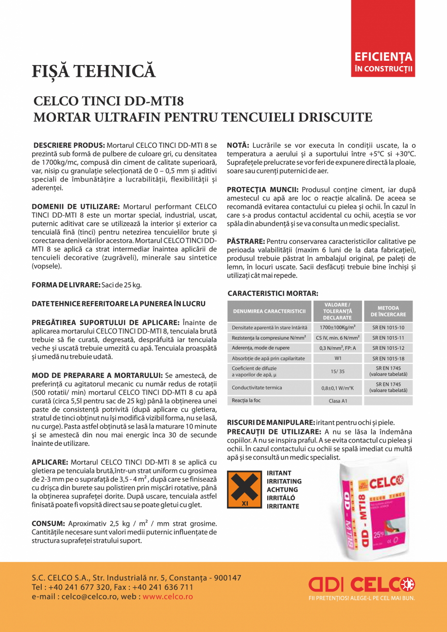 Pagina 1-Mortar ultrafin pentru tencuieli driscuite CELCO DD - MTI8 Fisa tehnica Romana Densitate aparentă...