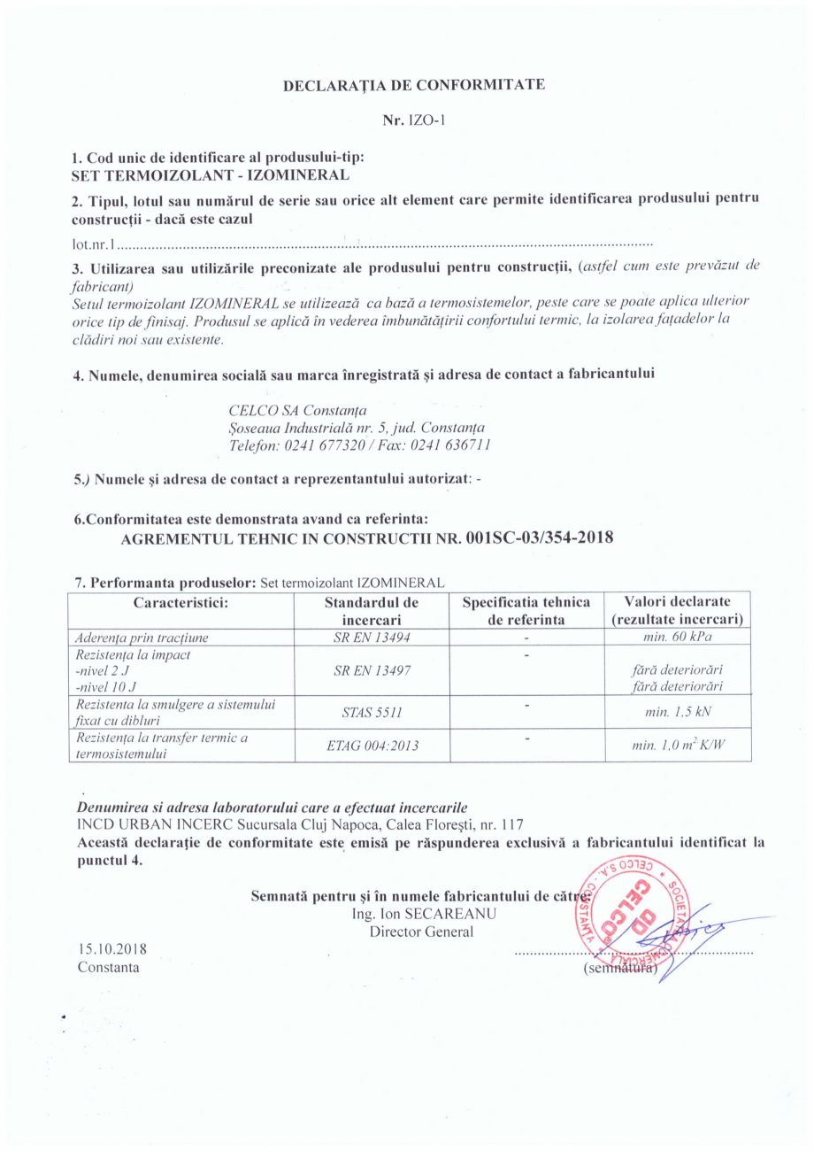 Pagina 1 - Declaratie de conformitate IZOMINERAL CELCO Certificare produs Romana 