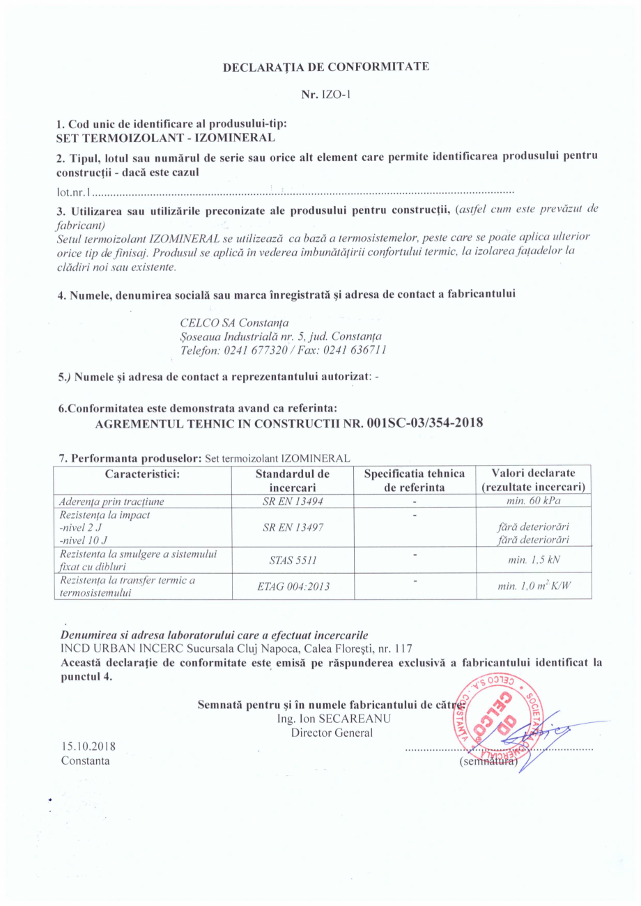 Pagina 1-Declaratie de conformitate IZOMINERAL CELCO Certificare produs Romana 