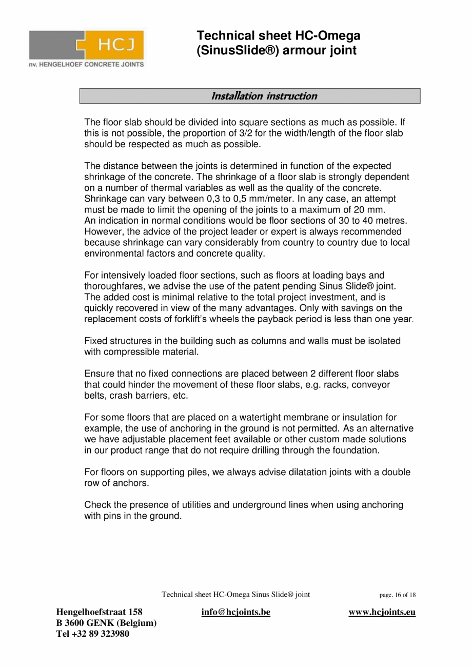 Pagina 16-Profile de armare pentru pardoseli din beton HCJ HC-Omega Fisa tehnica Engleza at 158
B 3600 GENK...