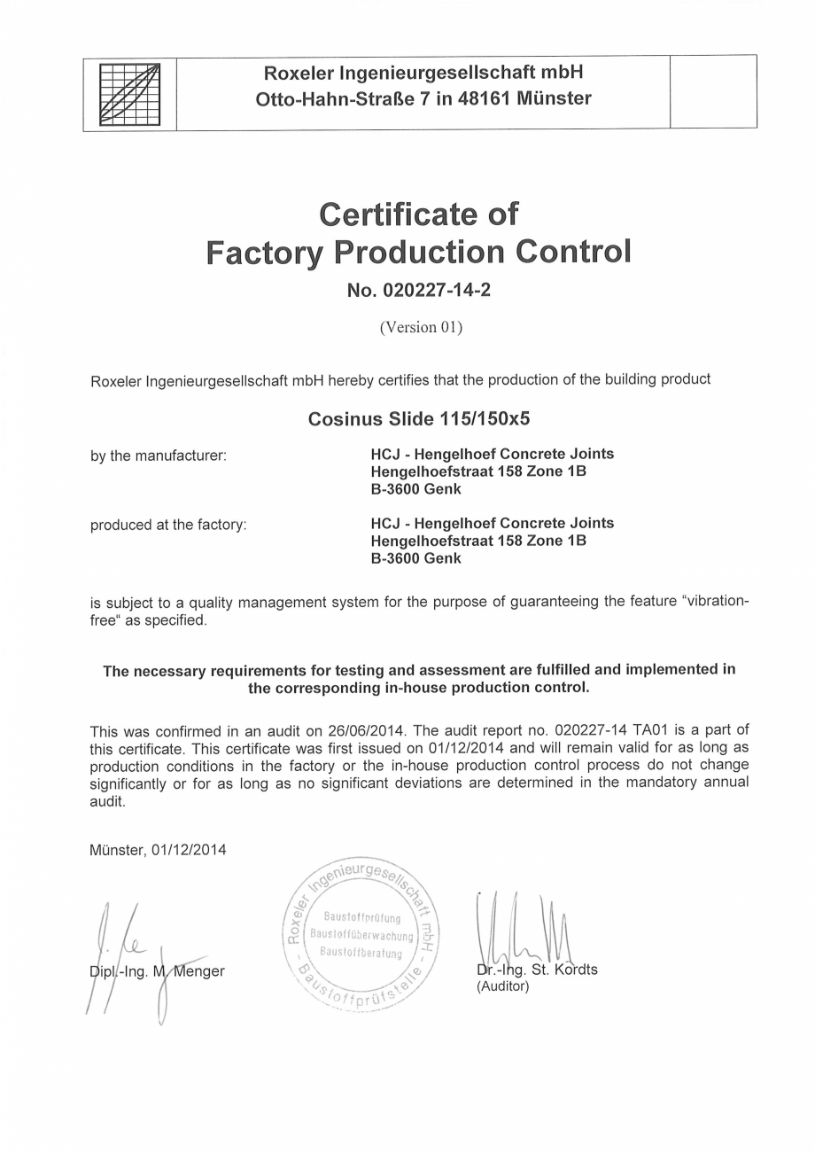 Pagina 1-Certificare produs - Controlul productiei in fabrica Cosinus Slide 115/150x5 HCJ Certificare produs ...