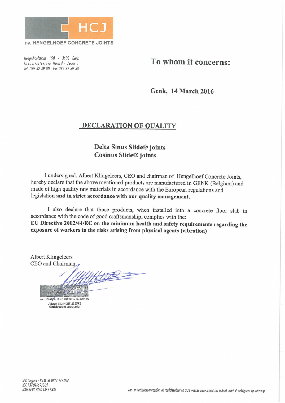 Pagina 1-Certificare a calitatii produsului HCJ HC-Delta Sinus Slide, Cosinus Slide Certificare produs...