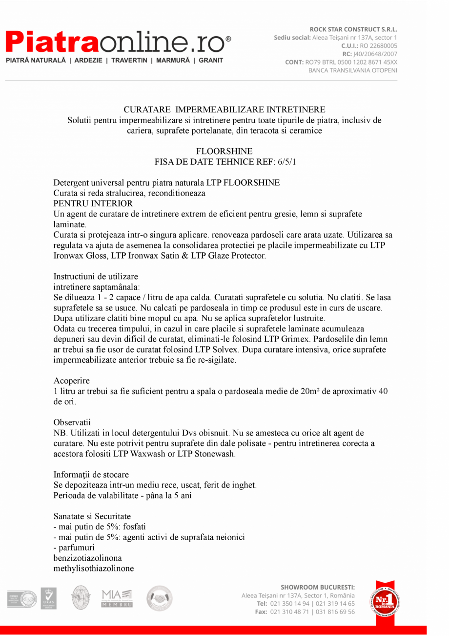 Pagina 1 - Detergent universal piatra naturala - LTP Floorshine 1L LTP IPN-1775 Fisa tehnica Romana ...