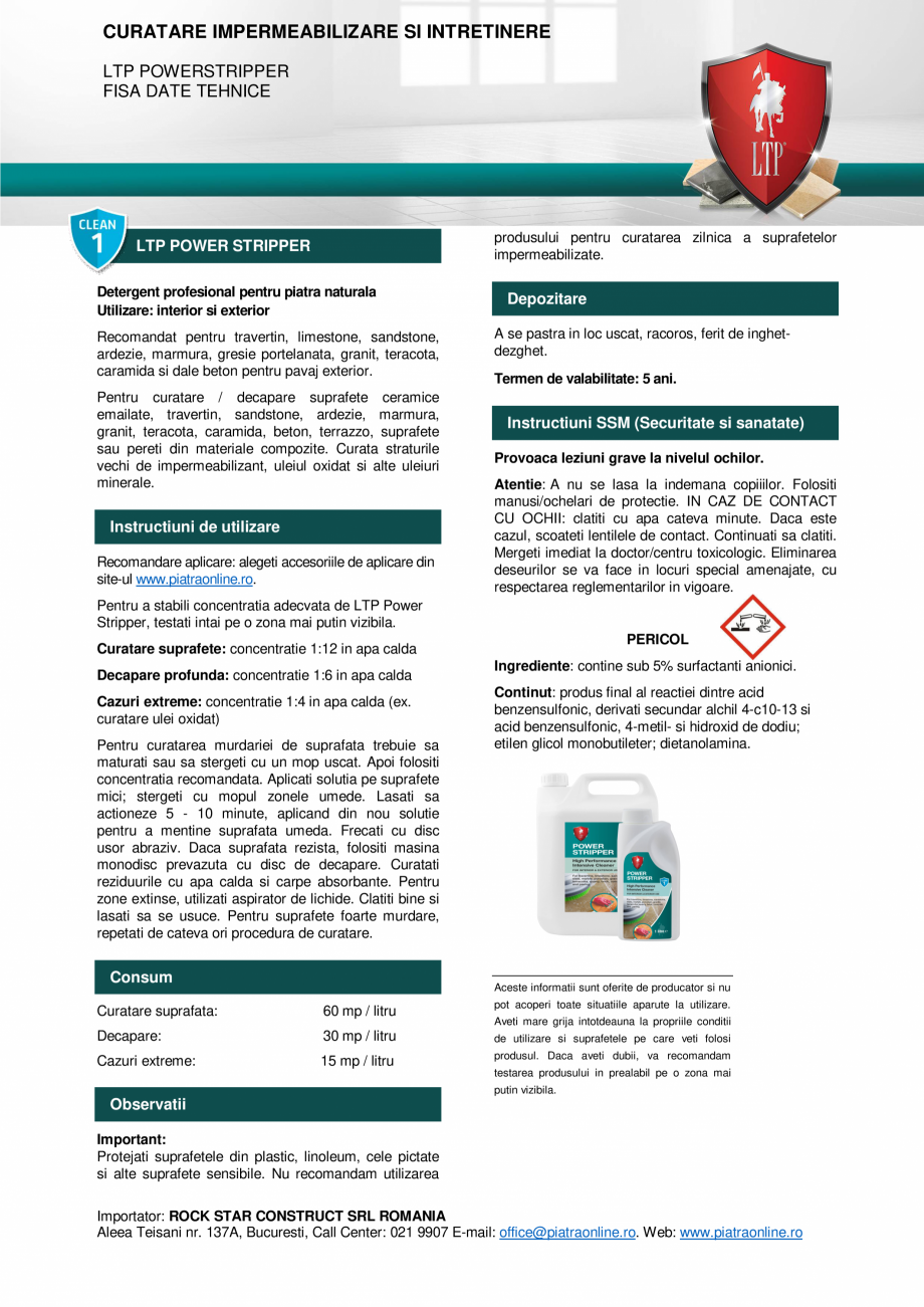 Pagina 1 - Detergent profesional pentru piatra LTP IPN-499 Instructiuni montaj, utilizare Romana...