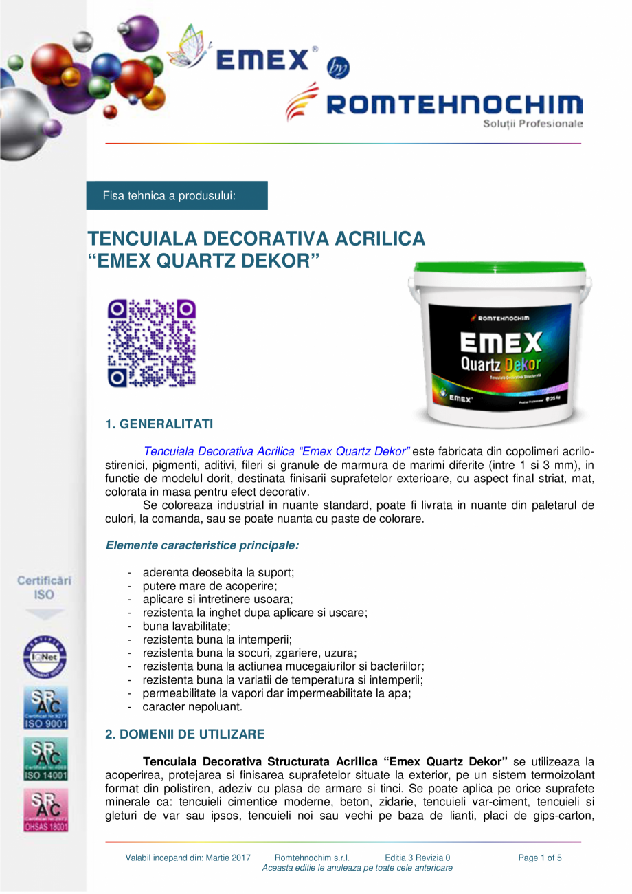 Pagina 1-Tencuiala decorativa structurata acrilica EMEX EMEX QUARTZ DEKOR Fisa tehnica Romana Fisa tehnica a ...