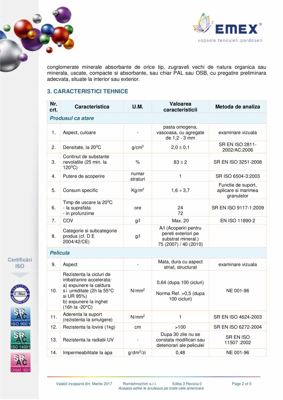 Pagina 2-Tencuiala decorativa structurata acrilica EMEX EMEX QUARTZ DEKOR Fisa tehnica Romana bilitate la apa...