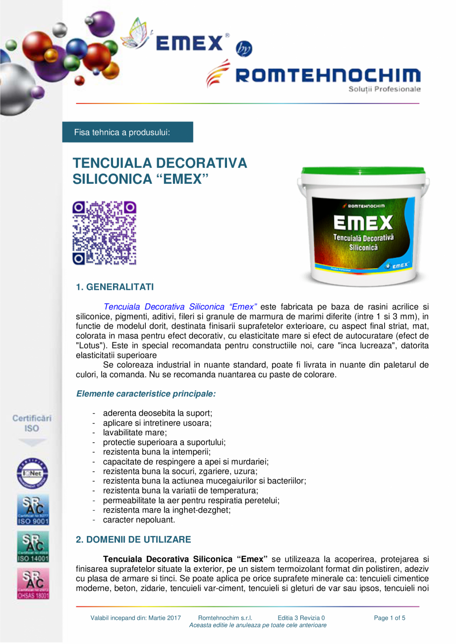 Pagina 1-Tencuiala decorativa structurata siliconica EMEX Fisa tehnica Romana Fisa tehnica a produsului:
...