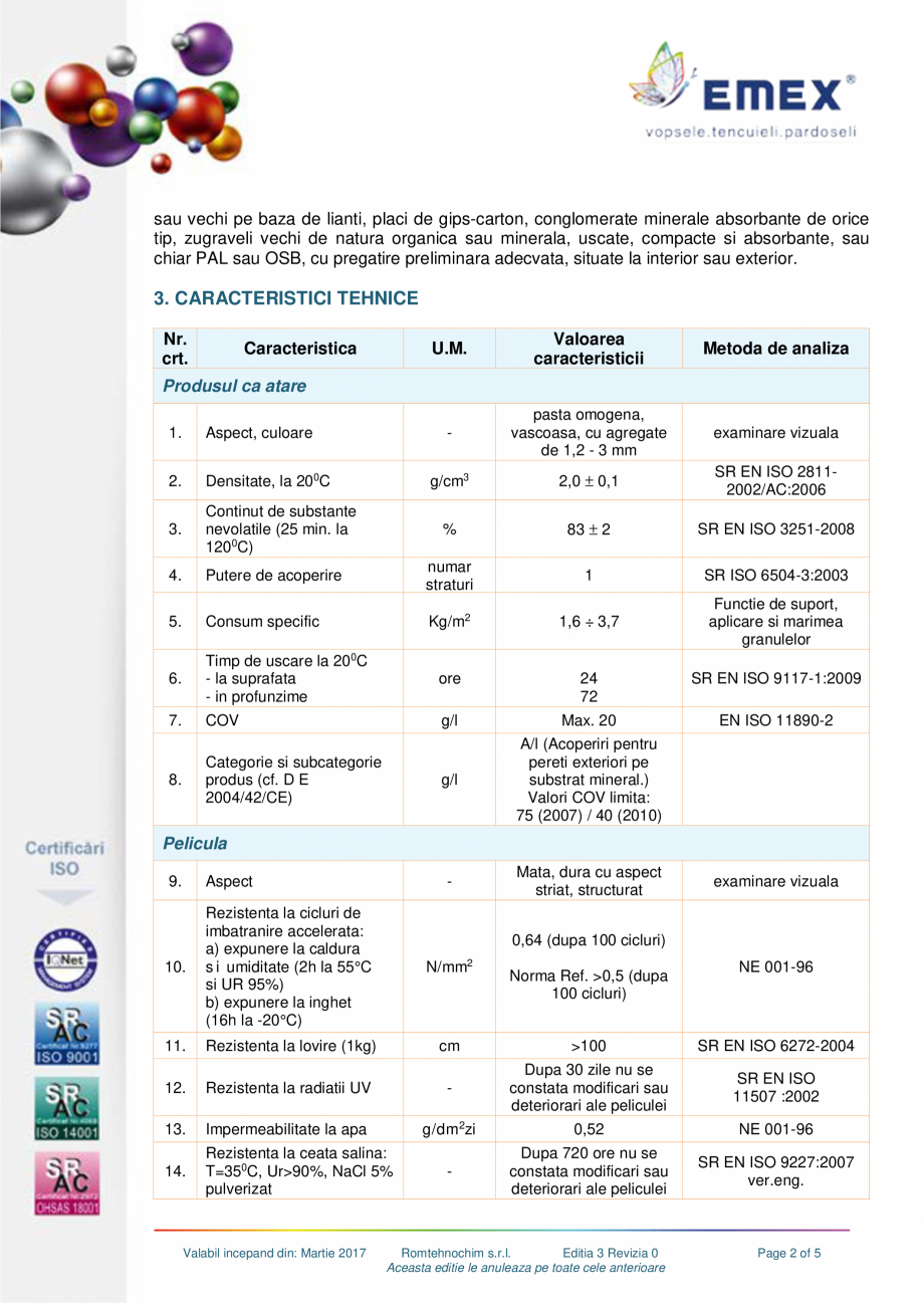Pagina 2-Tencuiala decorativa structurata siliconica EMEX Fisa tehnica Romana  socuri, zgariere, uzura;...