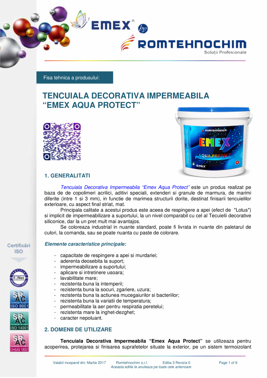Pagina 1-Tencuiala decorativa impermeabila EMEX AQUA PROTECT Fisa tehnica Romana Fisa tehnica a produsului:

...