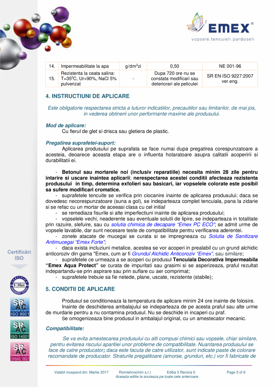 Pagina 3-Tencuiala decorativa impermeabila EMEX AQUA PROTECT Fisa tehnica Romana a, uscate, compacte si...