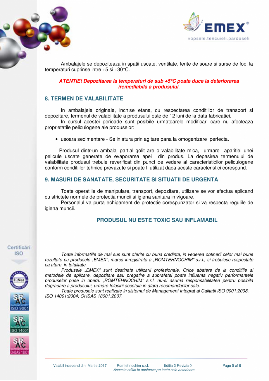 Pagina 5-Tencuiala decorativa impermeabila EMEX AQUA PROTECT Fisa tehnica Romana , precautiilor sau...