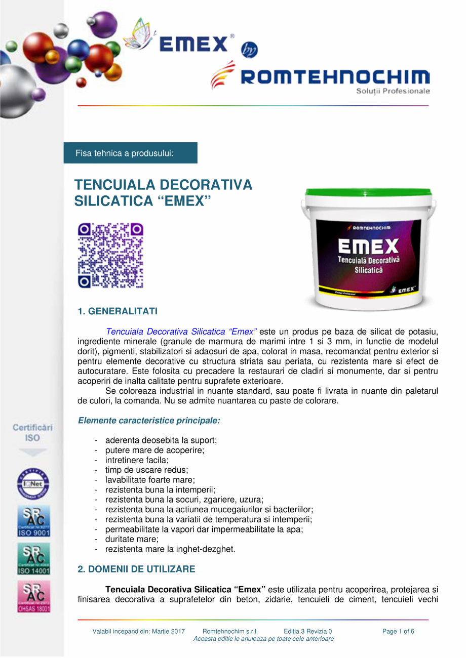 Pagina 1-Tencuiala decorativa structurata silicatica EMEX Fisa tehnica Romana Fisa tehnica a produsului:
...