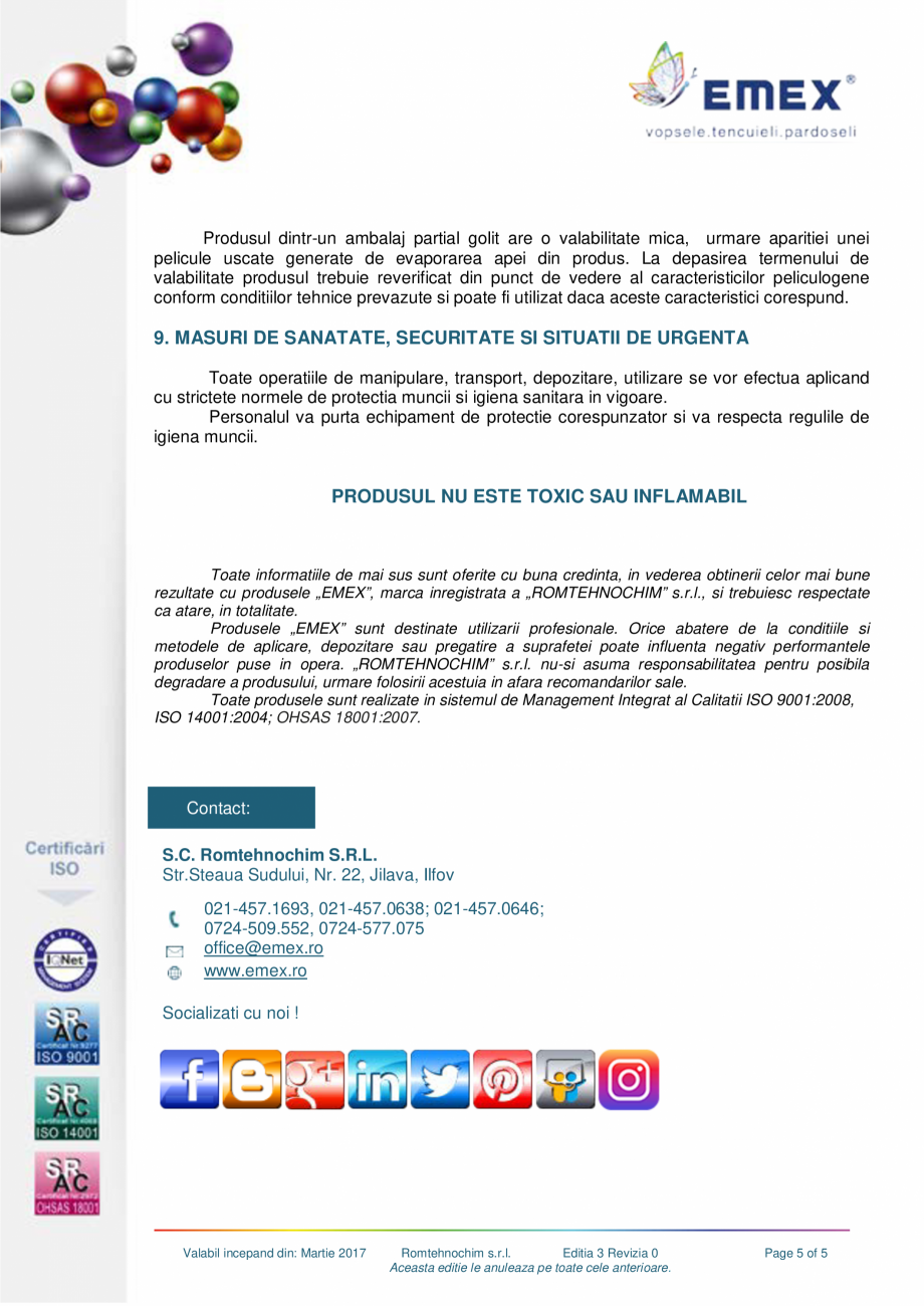 Pagina 5-Vopsea decorativa texturata EMEX Fisa tehnica Romana  ciocanire inainte de aplicarea produsului;...