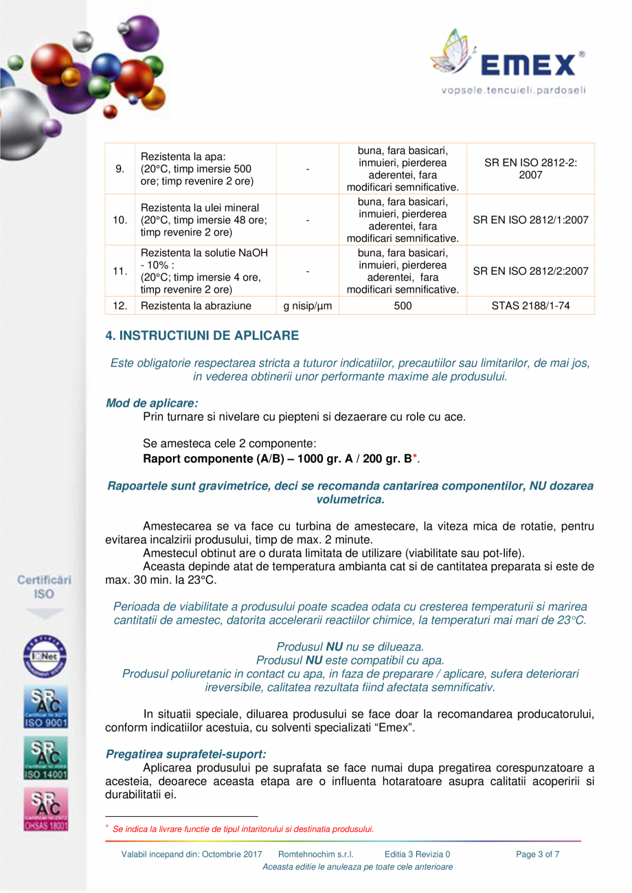 Pagina 3-Pardoseala poliuretanica autonivelanta EMEX POLIURETANICA AUTONIVELANTA BICOMPONENTA Fisa tehnica...