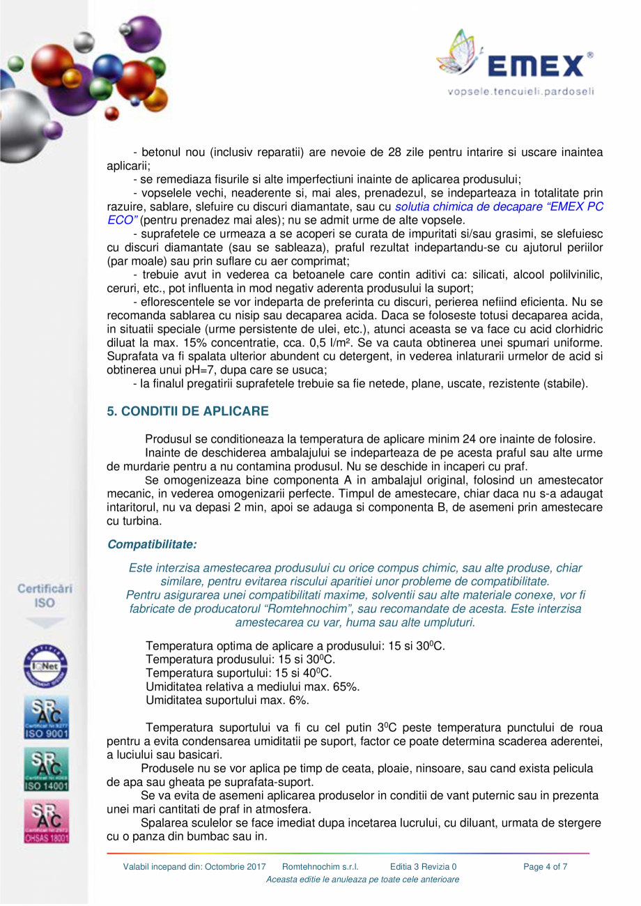Pagina 4-Pardoseala poliuretanica autonivelanta EMEX POLIURETANICA AUTONIVELANTA BICOMPONENTA Fisa tehnica...
