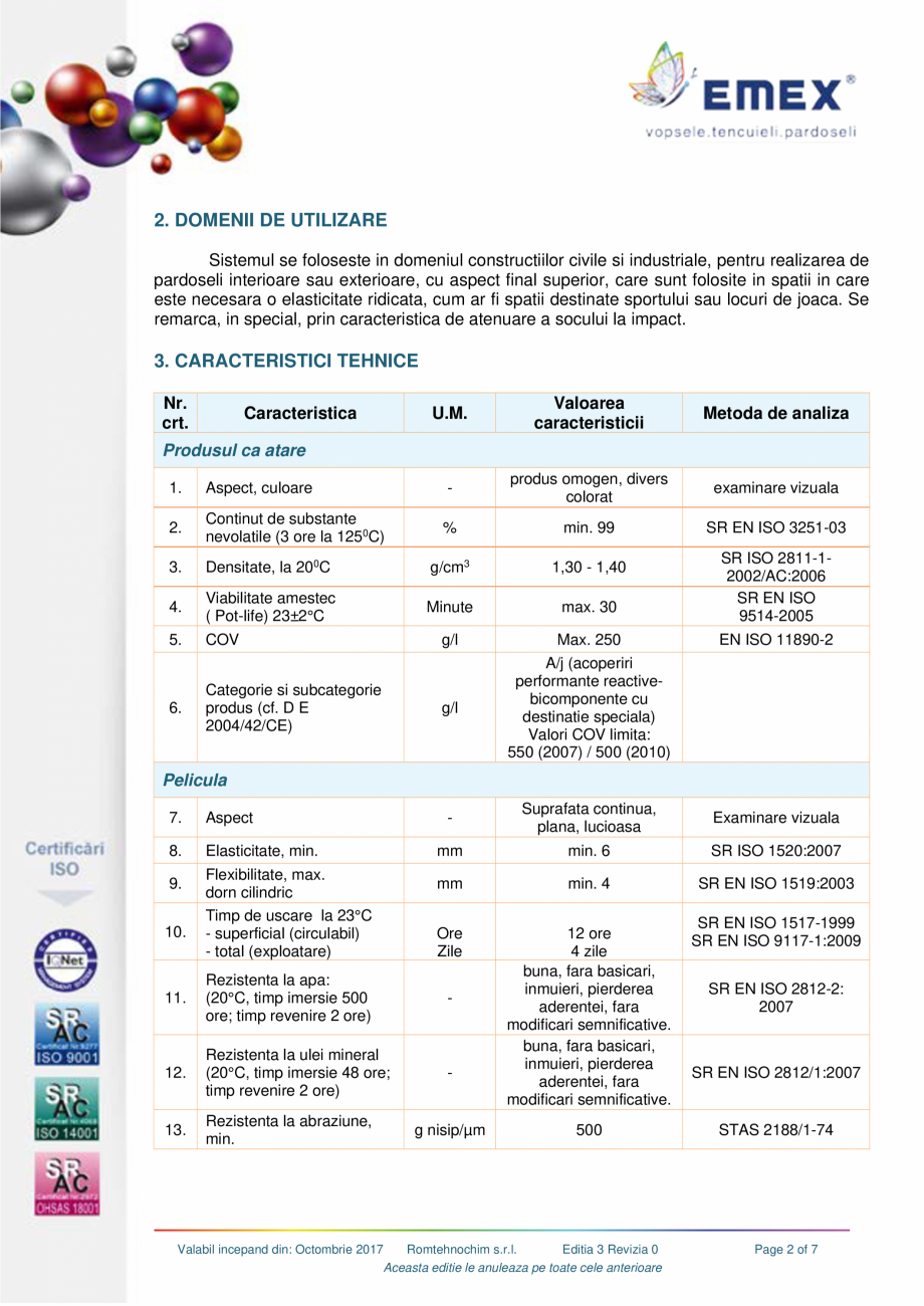Pagina 2-Pardoseala poliuretanica elastica EMEX POLIURETANICA AUTONIVELANTA ELASTICA Fisa tehnica Romana tate...