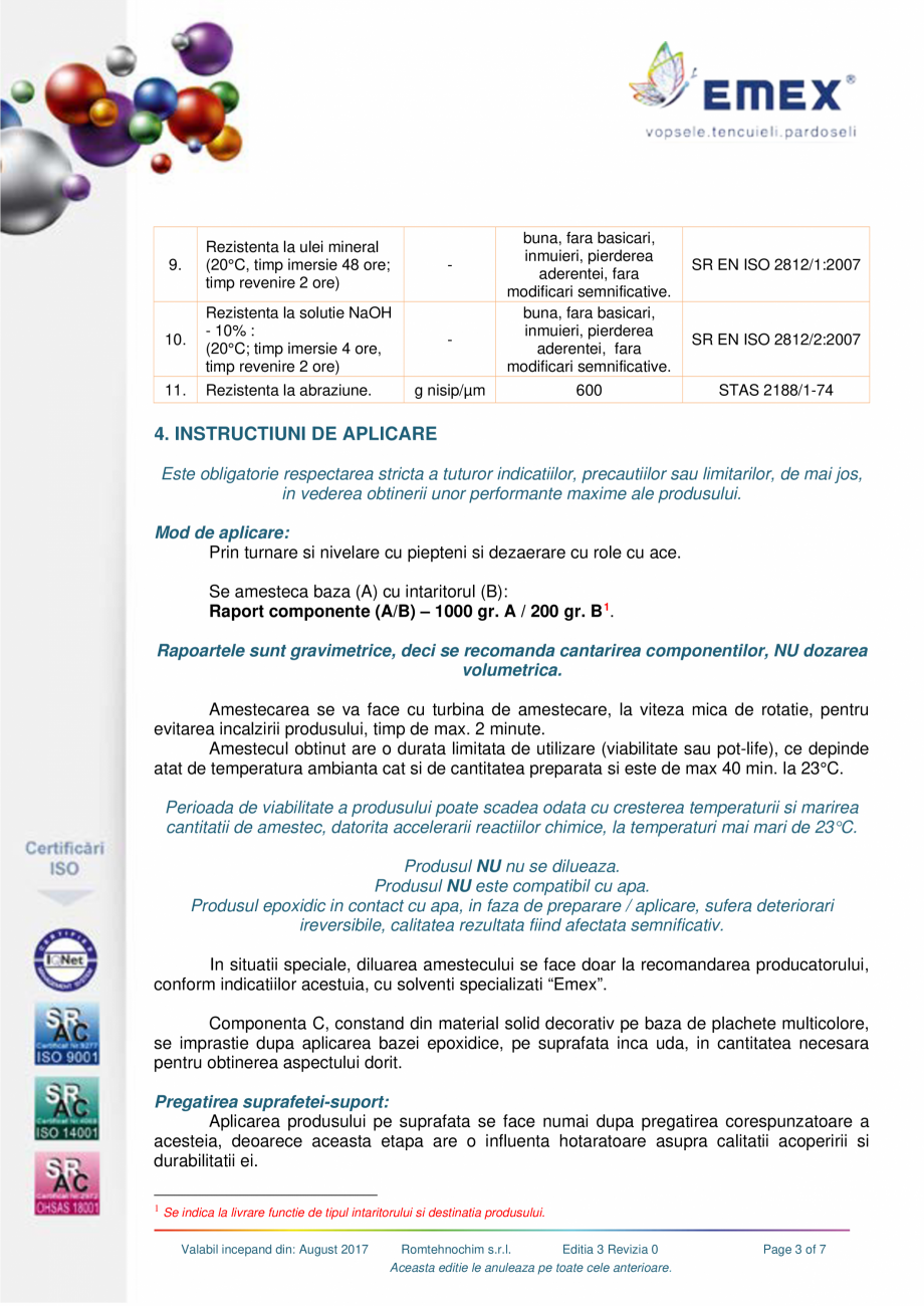 Pagina 3-Pardoseala epoxidica decorativa Emex Multicolor EMEX Fisa tehnica Romana ente acesteia, componenta A...