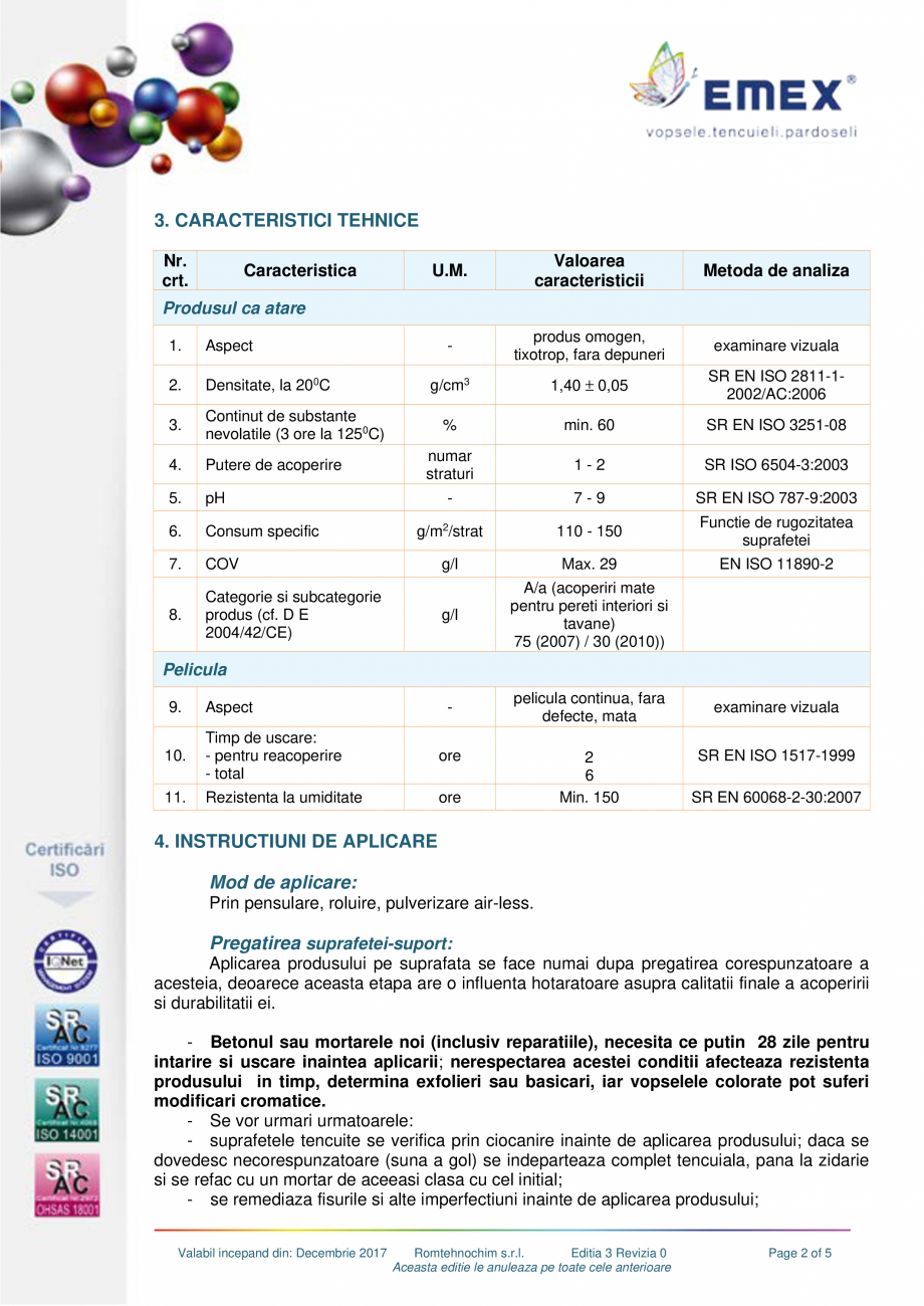 Pagina 2-Vopsea lavabila Premium Emex Gold EMEX Fisa tehnica Romana praterane situate la interior si exterior...