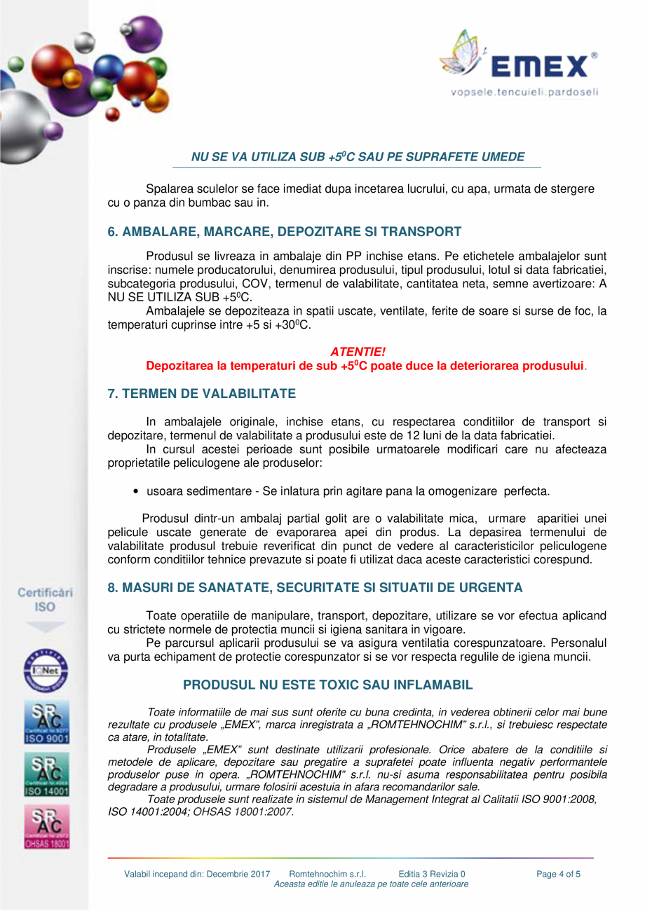 Pagina 4-Vopsea lavabila Premium Emex Gold EMEX Fisa tehnica Romana re inainte de aplicarea produsului; daca ...