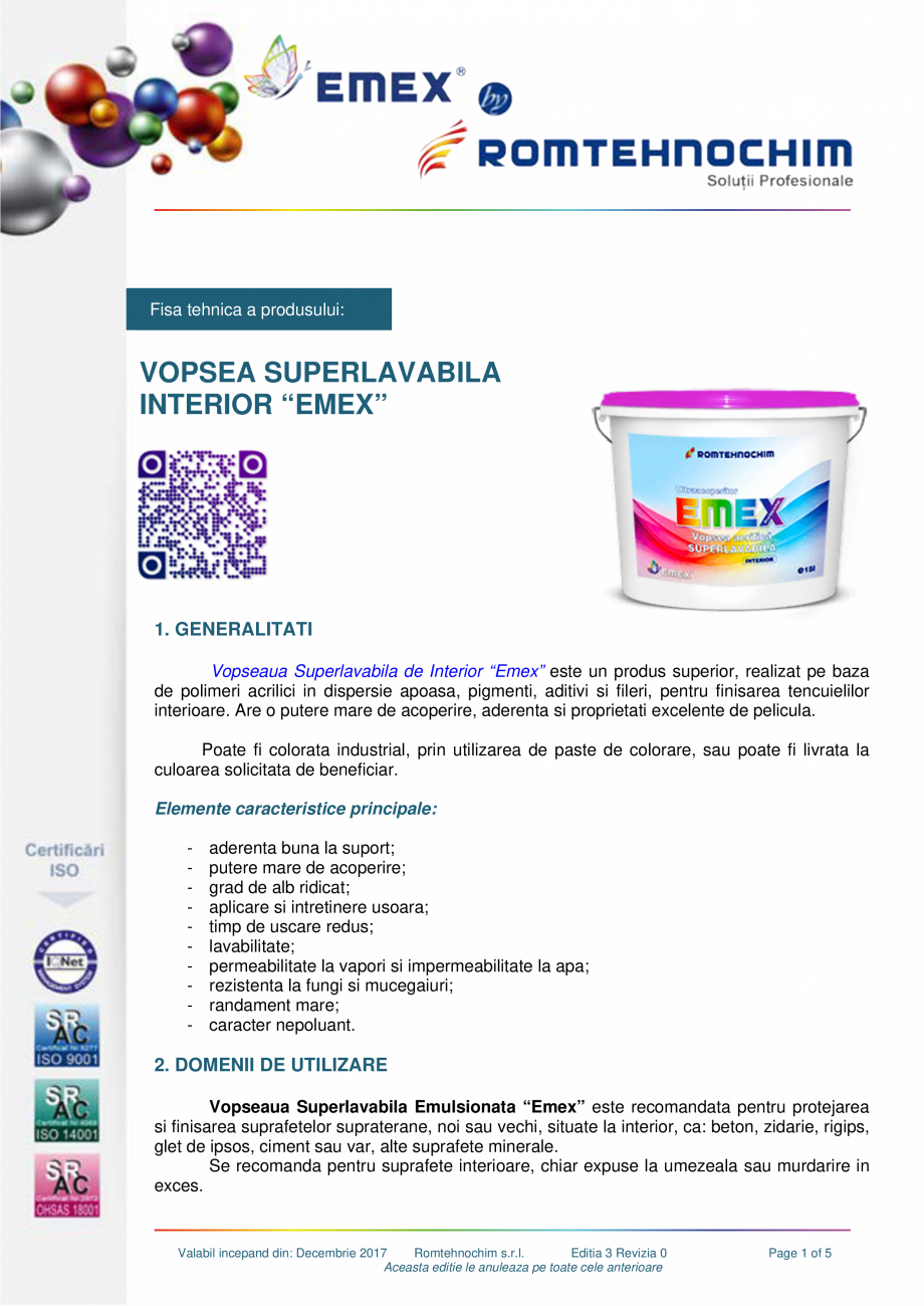 Pagina 1-Vopsea superlavabila interior Emex EMEX  SUPERLAVABILA EMEX Fisa tehnica Romana Fisa tehnica a...