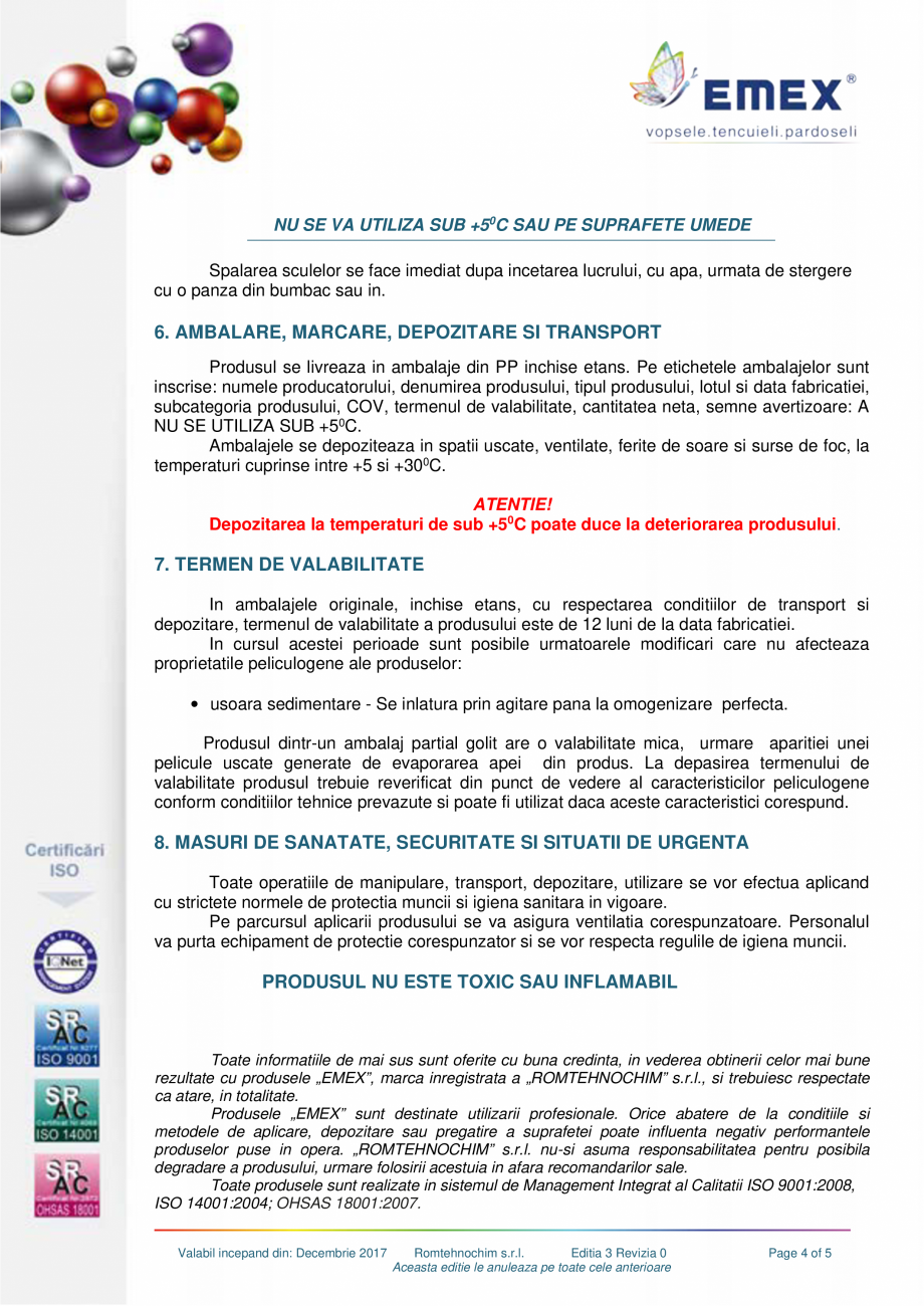 Pagina 4-Vopsea superlavabila interior Emex EMEX  SUPERLAVABILA EMEX Fisa tehnica Romana e (suna a gol) se...