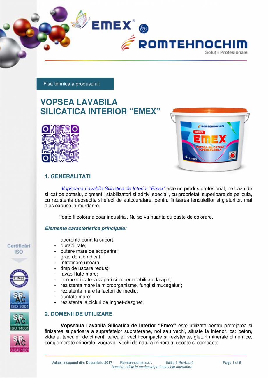 Pagina 1-Vopsea lavabila silicatica interior EMEX SILICATICA EMEX Fisa tehnica Romana Fisa tehnica a...